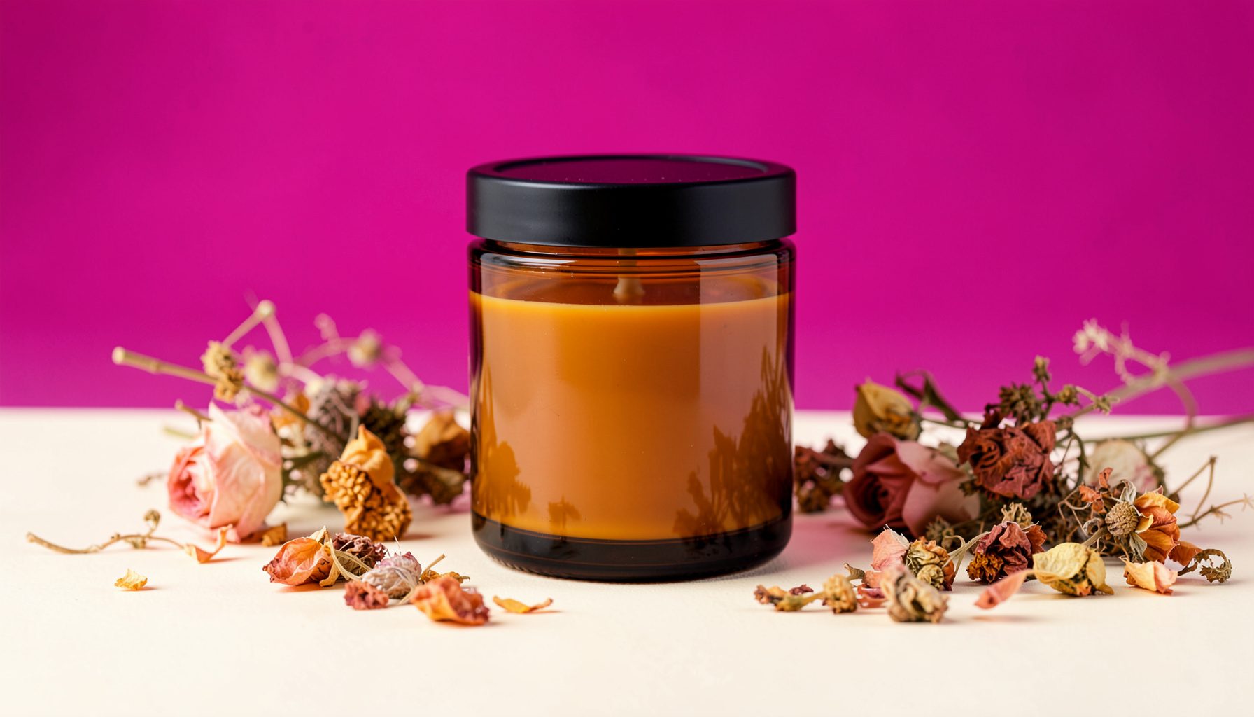 An amber glass jar candle with a black lid on a soft cream backdrop, warm rose and earthy brown tones in the surrounding dried flower petals, gentle natural light.
