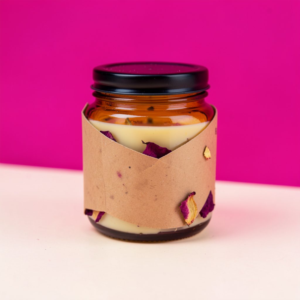 Close-up of a hand-poured soy candle in a reusable amber glass jar with a black lid, wrapped in brown paper decorated with dried rose petals, on a seamless pale blush background.