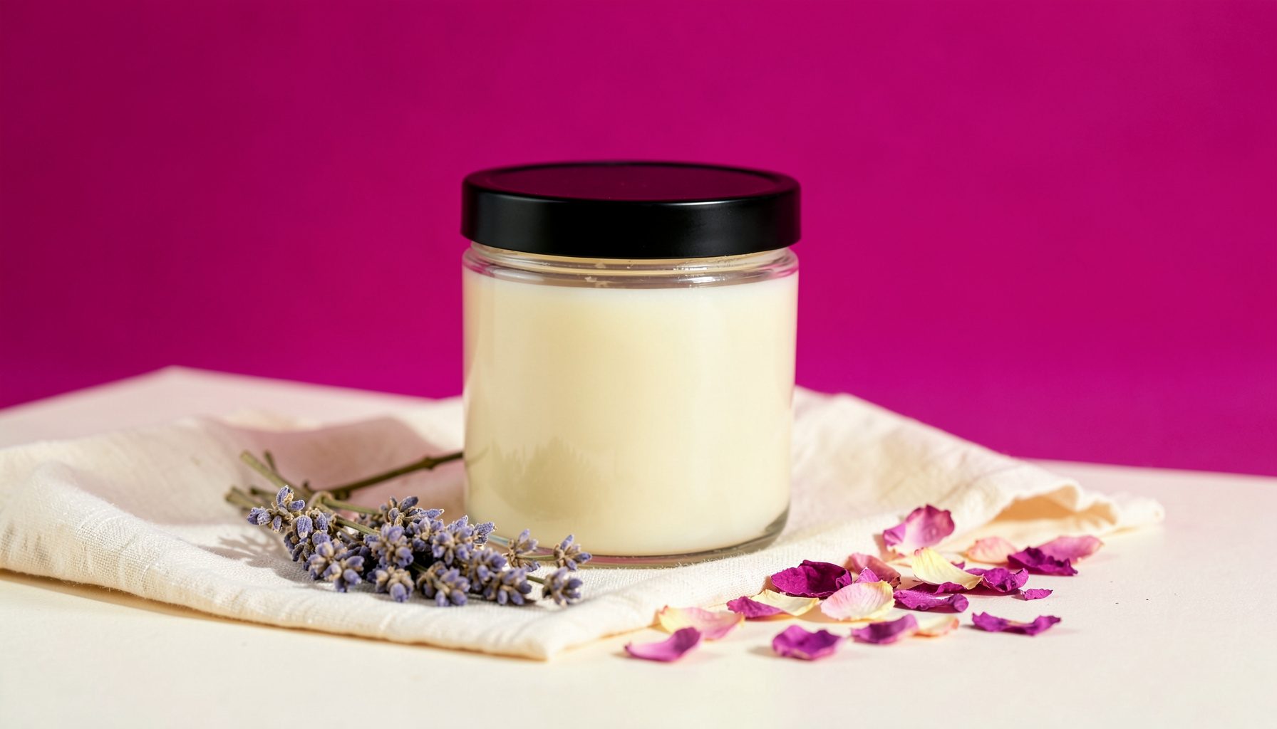 A softly lit studio photograph of a hand-poured soy candle in a clear glass jar with a black lid, resting on a pale linen cloth beside a sprig of dried lavender and a scattering of rose petals. Warm natural light falls from the left, casting gentle shadows across a creamy off-white seamless backdrop. The mood is calm, artisanal, and romantic.
