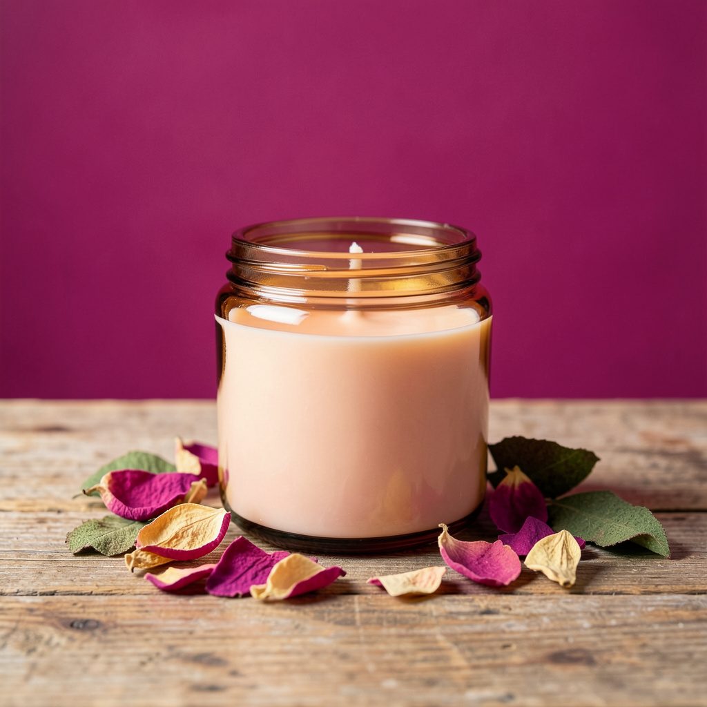 An amber glass jar candle with blush-toned wax, nestled among dried rose petals and patchouli leaves on a rustic wooden surface. Diffused daylight and a cream seamless backdrop evoke warmth and earthiness.