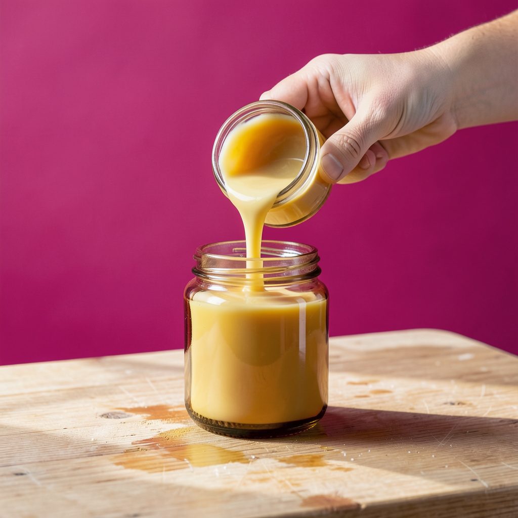 A pair of hands pouring melted soy wax into an amber glass jar on a wooden workbench, soft natural daylight from a nearby window. Warm ivory and honey tones.