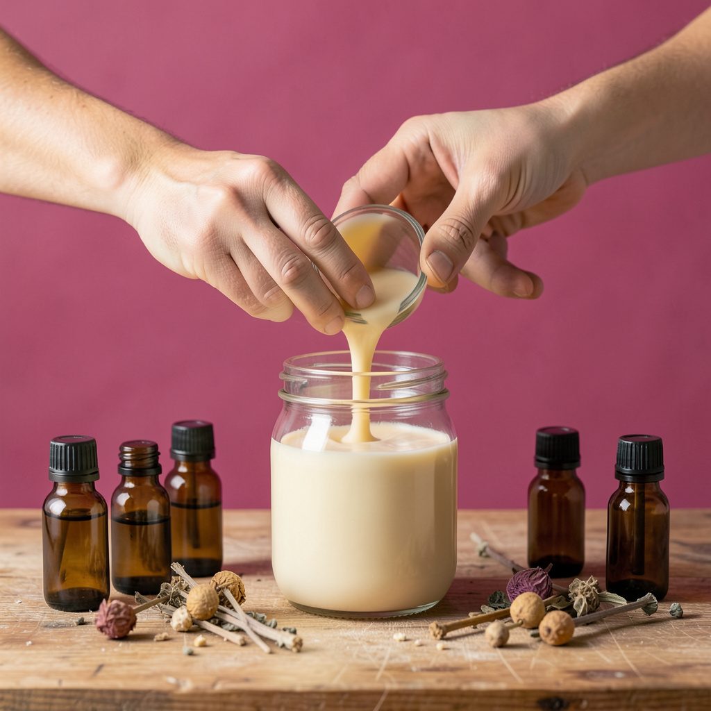 A warm studio portrait of a pair of hands gently pouring melted soy wax into a clear glass jar on a wooden workbench, surrounded by small amber bottles of essential oils and dried botanicals. Soft diffused daylight fills the frame against a pale cream seamless backdrop. The mood is intimate, focused, and artisanal.