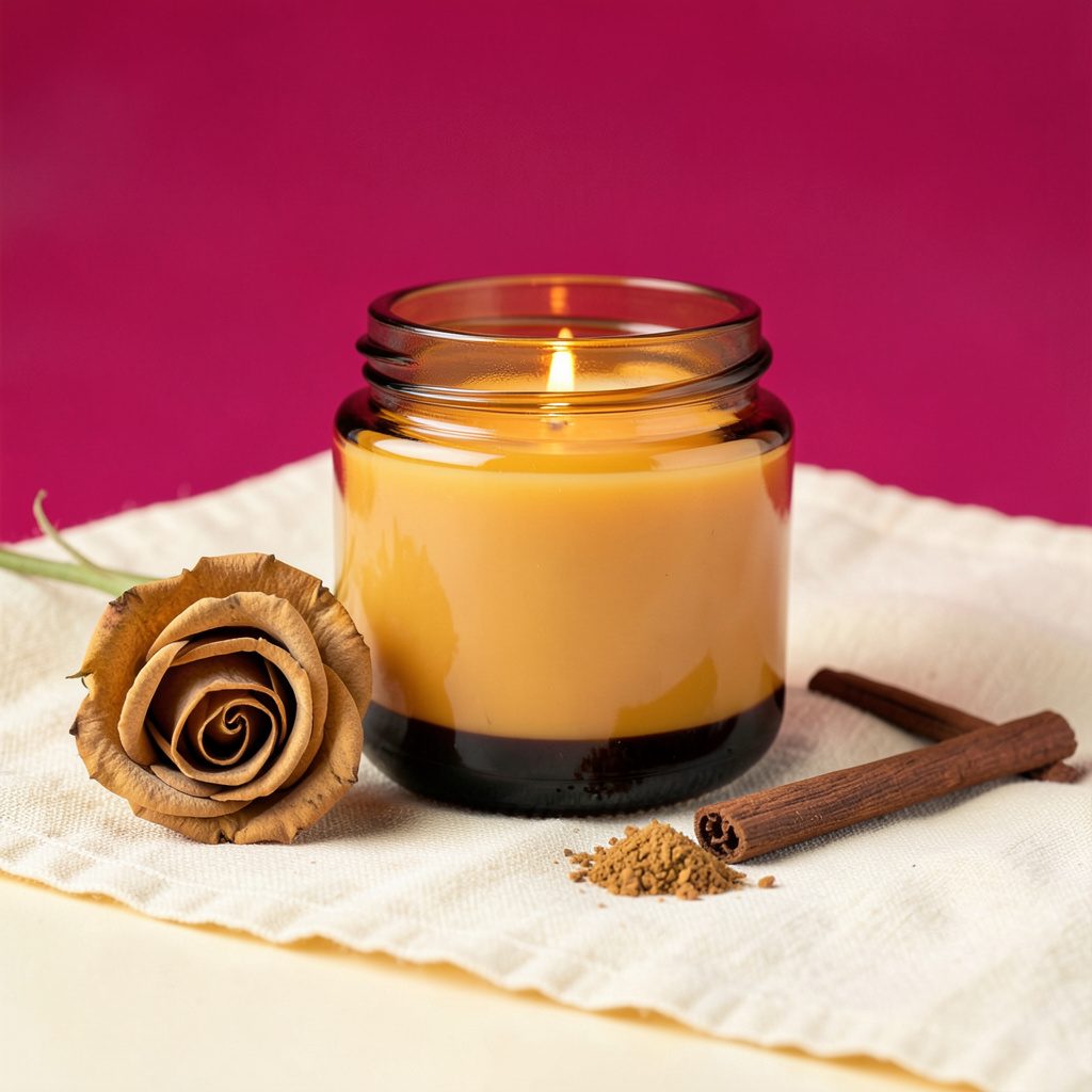 An amber glass jar candle with warm-toned wax, placed beside a single dried rose and a sliver of sandalwood on a linen cloth. Soft golden light and a cream seamless backdrop create a luxurious, romantic atmosphere.
