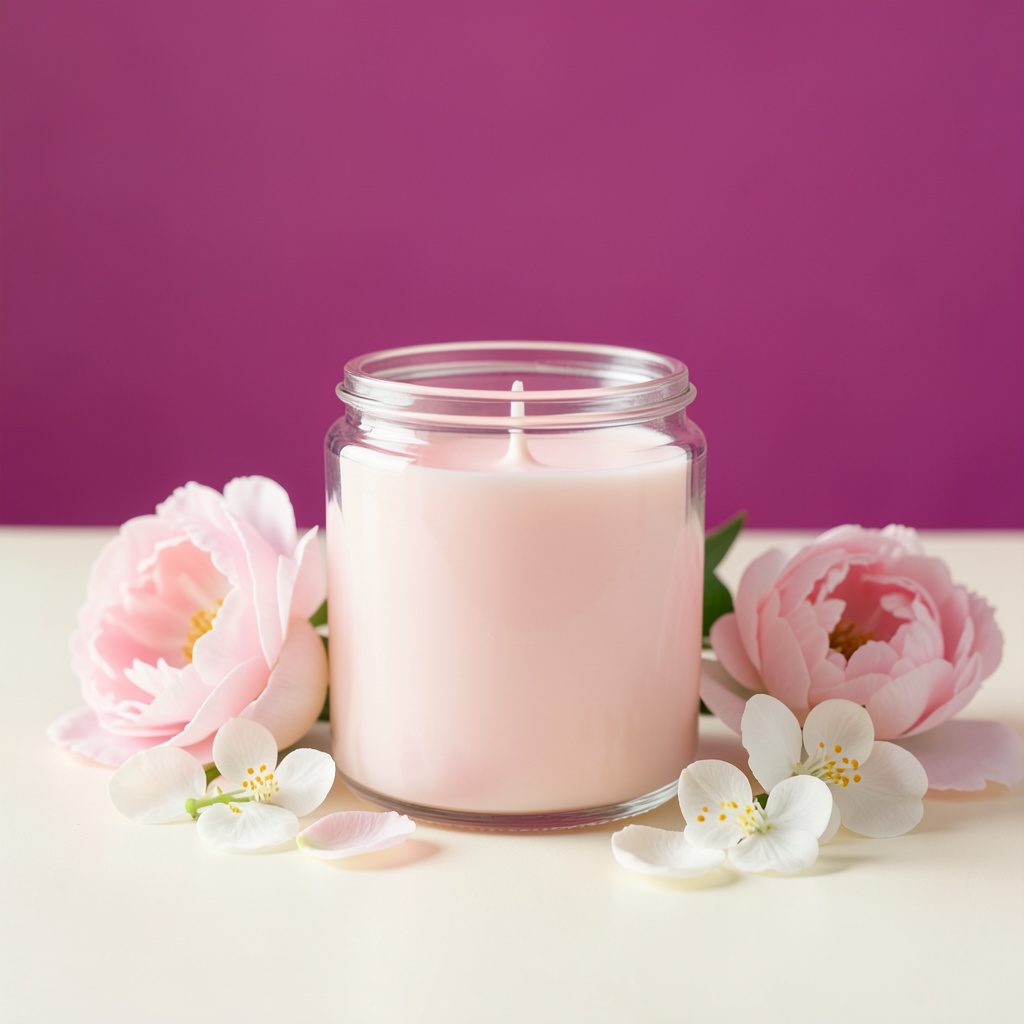 A clear glass jar candle with pale pink wax on a white surface, surrounded by soft peony and jasmine petals. Gentle morning light from a window creates a serene, feminine mood against a cream seamless backdrop.