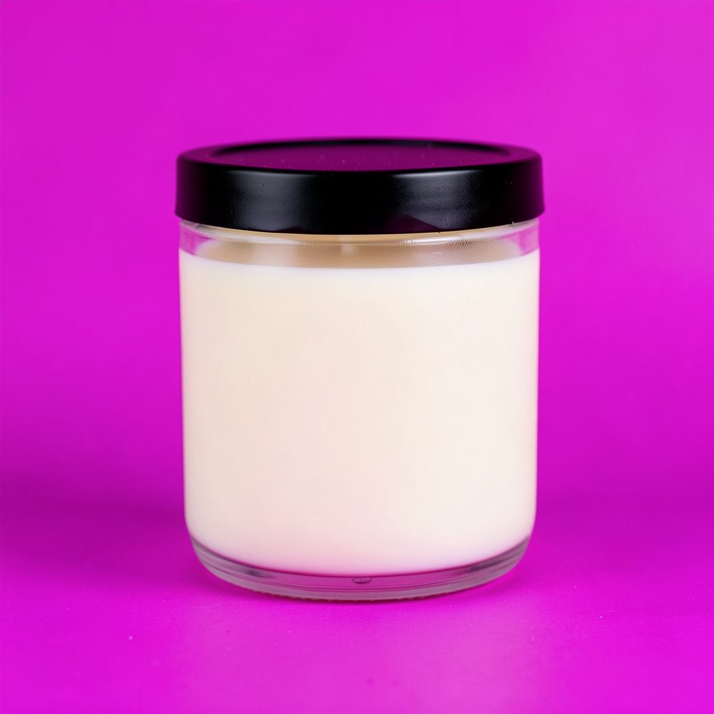 Close-up of a hand-poured soy candle in a clear reusable jar with a black lid, set against a seamless cream backdrop. The wax is smooth and pale, with a soft, velvety surface that suggests a delicate floral fragrance.