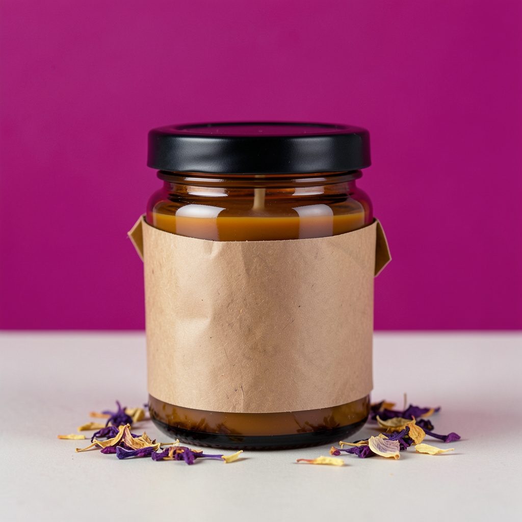 Close-up of a hand-poured soy candle in a reusable amber jar with a black lid, wrapped in brown paper with dried flower petals on a neutral studio surface